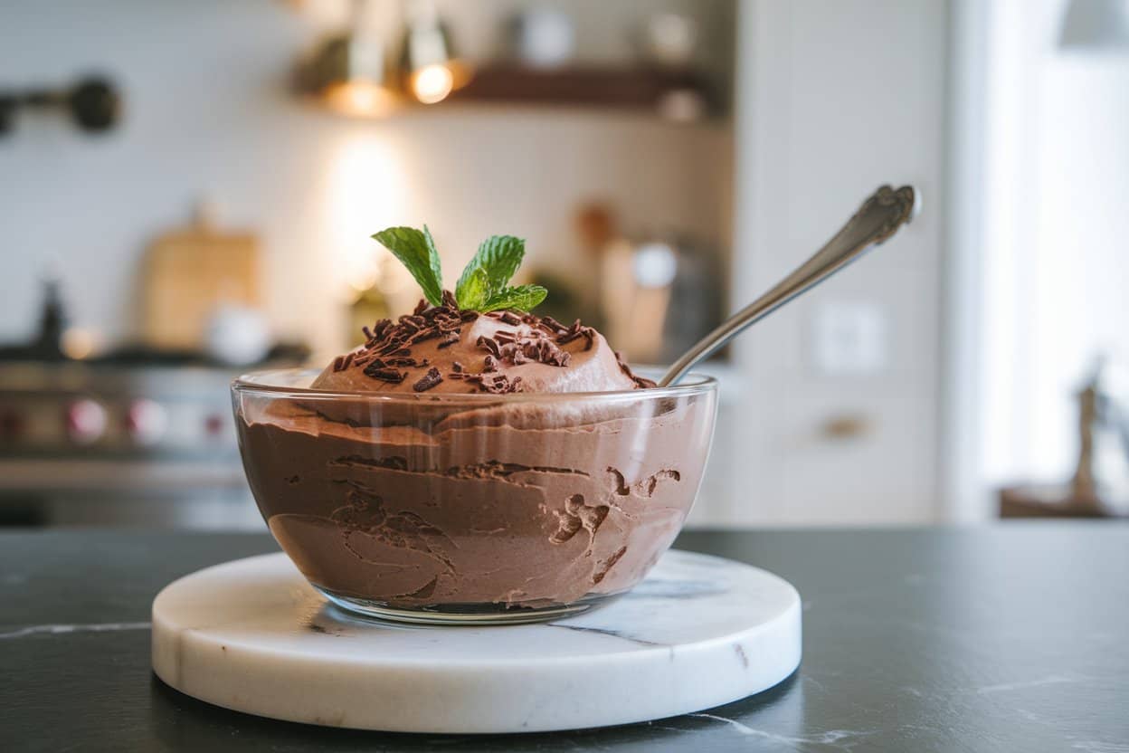 Bowl of chocolate mousse with a spoon. 