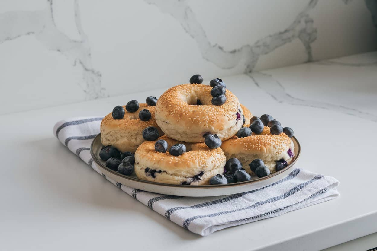 Freshly baked blueberry bagels served on a rustic wooden platter.