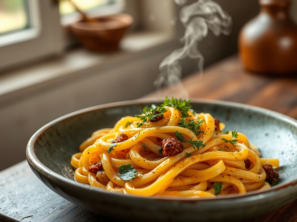 Pasta com molho de queijo e trufas